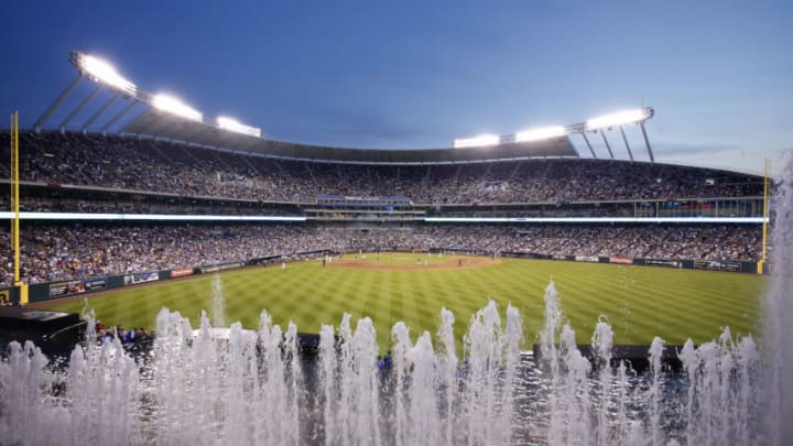 KANSAS CITY, MO - MAY 05: General view of the stadium from behind the fountains in right field during the game between the Kansas City Royals and New York Yankees at Kauffman Stadium on May 5, 2012 in Kansas City, Missouri. The Royals won 5-1. (Photo by Joe Robbins/Getty Images)