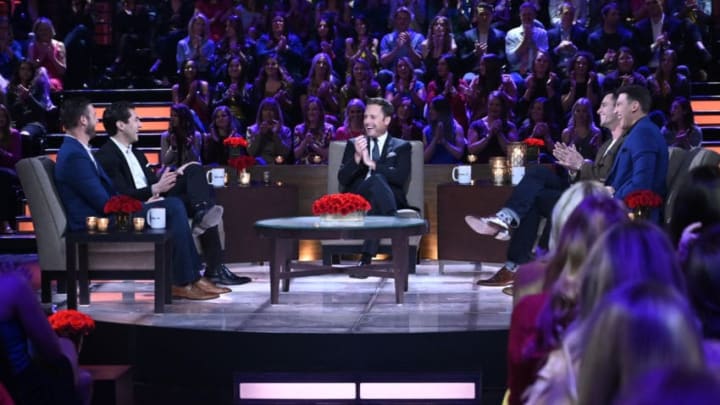 THE BACHELOR - "Season Finale, Night One" - Colton's much-anticipated Fantasy Suite dates turned into a nightmare. Cassie, after talking to her father in Portugal, agonized over her decision but finally took herself out of the running for the Bachelor's heart, leaving him shattered and so overcome that he broke down in tears, jumped a fence and disappeared into the Portuguese night. Chris Harrison and the crew frantically searched for him. Where did he go? Did he quit the show? What happened to Hannah G. and Tayshia? Find out on night one of a two-night, live special Season Finale event on "The Bachelor," MONDAY, MARCH 11 (8:00-10:00 p.m. EDT), on The ABC Television Network. (ABC/John Fleenor)GARRETT YRIGOYEN, JASON TARTICK, CHRIS HARRISON, BEN HIGGINS, JASON TARTICK