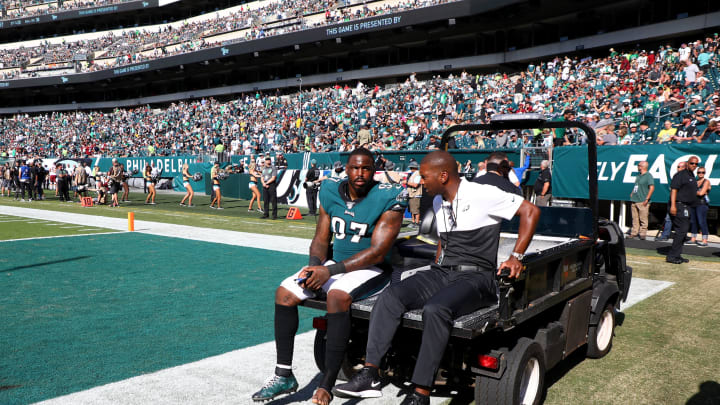 PHILADELPHIA, PENNSYLVANIA – SEPTEMBER 08: Malik Jackson #97 of the Philadelphia Eagles is carted off the field in the fourth quarter against the Washington Redskins at Lincoln Financial Field on September 08, 2019, in Philadelphia, Pennsylvania. (Photo by Rob Carr/Getty Images)