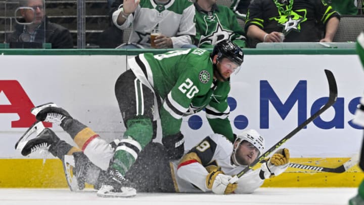 May 29, 2023; Dallas, Texas, USA; Dallas Stars defenseman Ryan Suter (20) takes down Vegas Golden Knights center Ivan Barbashev (49) during the second period in game six of the Western Conference Finals of the 2023 Stanley Cup Playoffs at American Airlines Center. Mandatory Credit: Jerome Miron-USA TODAY Sports