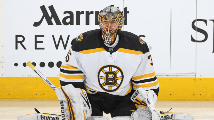 TORONTO, ON – APRIL 19: Anton Khudobin #35 of the Boston Bruins stretches during the warm-up prior to action against the Toronto Maple Leafs in Game Four of the Eastern Conference First Round in the 2018 Stanley Cup play-offs at the Air Canada Centre on April 19, 2018 in Toronto, Ontario, Canada. The Bruins defeated the Maple Leafs 3-1. (Photo by Claus Andersen/Getty Images) *** Local Caption *** Anton Khudobin