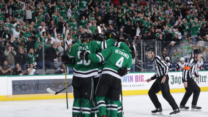 DALLAS, TX - FEBRUARY 4: Jason Spezza #90, Miro Heiskanen #4 and the Dallas Stars celebrate a goal against the Arizona Coyotes at the American Airlines Center on February 4, 2019 in Dallas, Texas. (Photo by Glenn James/NHLI via Getty Images)