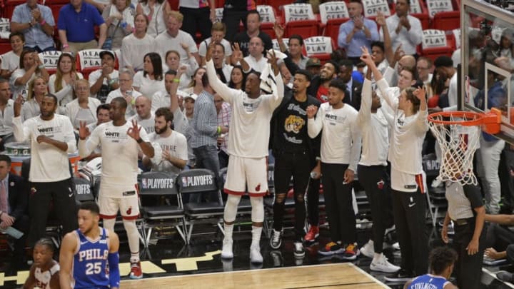 MIAMI, FL - APRIL 19: Miami Heat react to a 3-pointer during the game against the Philadelphia 76ers in Game Three of Round One of the 2018 NBA Playoffs on April 19, 2018 at American Airlines Arena in Miami, Florida. NOTE TO USER: User expressly acknowledges and agrees that, by downloading and or using this Photograph, user is consenting to the terms and conditions of the Getty Images License Agreement. Mandatory Copyright Notice: Copyright 2018 NBAE (Photo by David Dow/NBAE via Getty Images)
