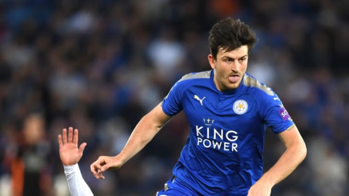 LEICESTER, ENGLAND – MAY 09: Harry Maguire of Leicster City runs with the ball during the Premier League match between Leicester City and Arsenal at The King Power Stadium on May 9, 2018 in Leicester, England. (Photo by Shaun Botterill/Getty Images)