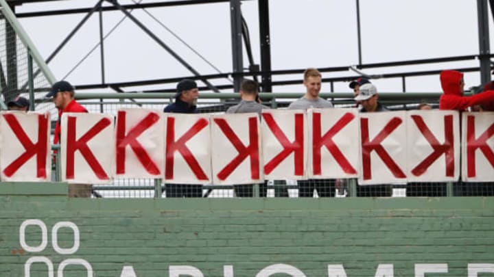 Apr 15, 2017; Boston, MA, USA; Boston Red Sox fans put up the K’s for the strike outs of Boston Red Sox starting pitcher Chris Sale during the seventh inning against the Tampa Bay Rays at Fenway Park. Mandatory Credit: Winslow Townson-USA TODAY Sports