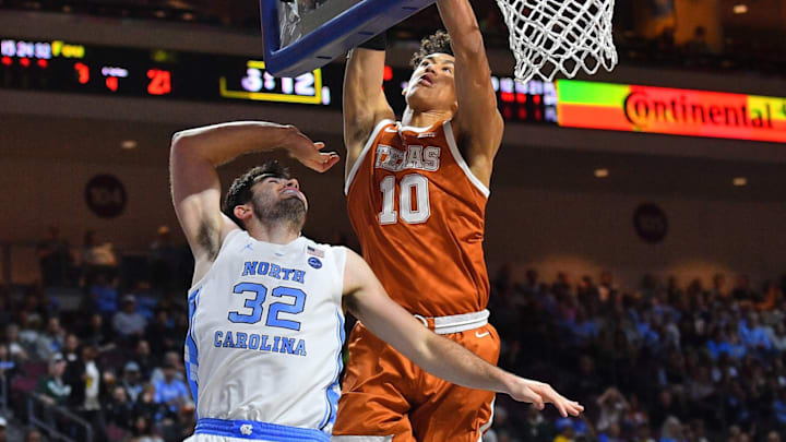 LAS VEGAS, NEVADA – NOVEMBER 22: Jaxson Hayes #10 of the Texas Longhorns blocks a shot from Luke Maye #32 of the North Carolina Tar Heels during the 2018 Continental Tire Las Vegas Invitational basketball tournament at the Orleans Arena on November 22, 2018 in Las Vegas, Nevada. (Photo by Sam Wasson/Getty Images)