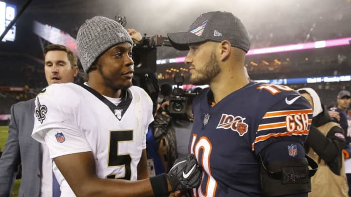 CHICAGO, ILLINOIS - OCTOBER 20: Teddy Bridgewater #5 of the New Orleans Saints is congratulated by Mitchell Trubisky #10 of the Chicago Bears following their game at Soldier Field on October 20, 2019 in Chicago, Illinois. (Photo by Nuccio DiNuzzo/Getty Images)