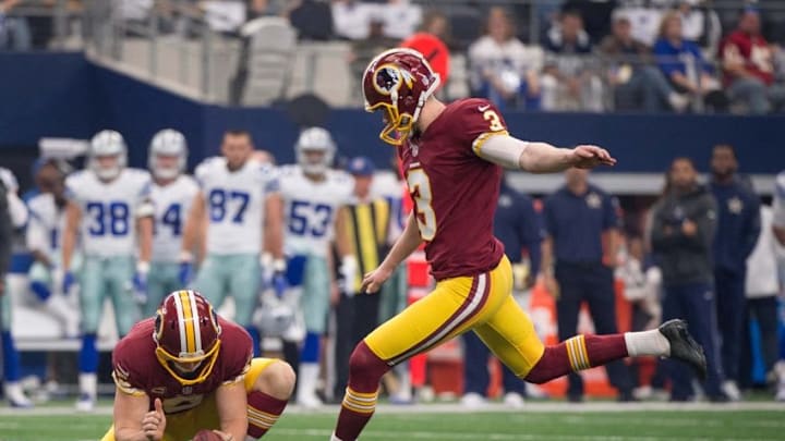 Jan 3, 2016; Arlington, TX, USA; Washington Redskins kicker Dustin Hopkins (3) in action during the game against the Dallas Cowboys at AT&T Stadium. The Redskins defeat the Cowboys 34-23. Mandatory Credit: Jerome Miron-USA TODAY Sports