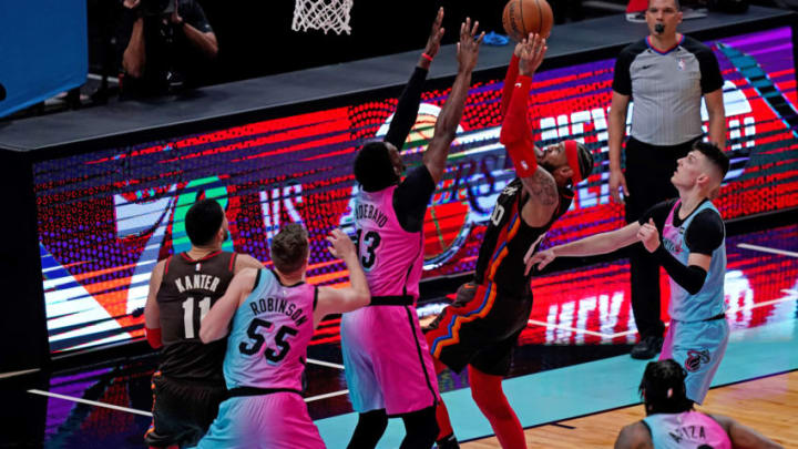 Portland Trail Blazers forward Carmelo Anthony (00) shoots the ball over Miami Heat center Bam Adebayo (13)(Jasen Vinlove-USA TODAY Sports)