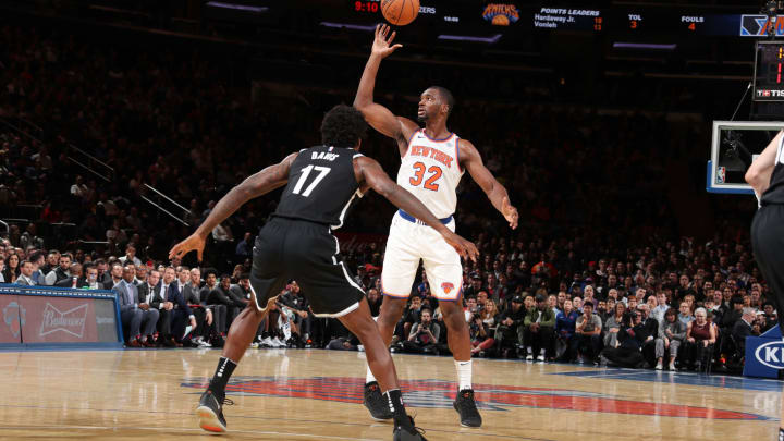 NEW YORK, NY – OCTOBER 12: Noah Vonleh #32 of the New York Knicks handles the ball against the Brooklyn Nets on October 12, 2018 at Madison Square Garden in New York City, New York. NOTE TO USER: User expressly acknowledges and agrees that, by downloading and or using this photograph, User is consenting to the terms and conditions of the Getty Images License Agreement. Mandatory Copyright Notice: Copyright 2018 NBAE (Photo by Nathaniel S. Butler/NBAE via Getty Images)