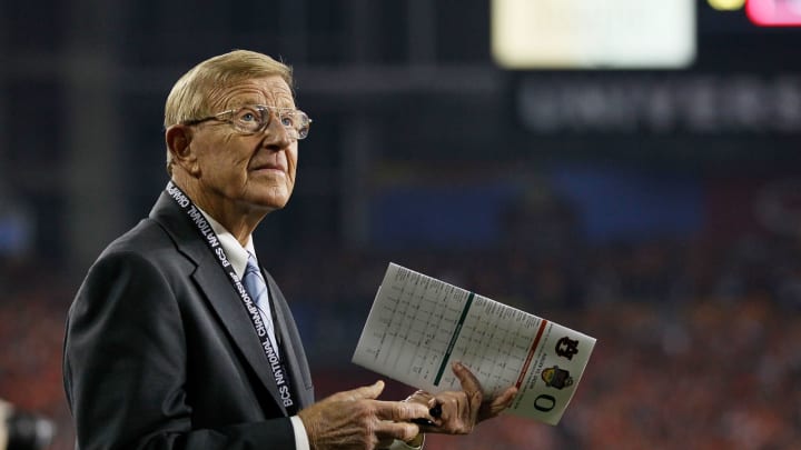 GLENDALE, AZ – JANUARY 10: ESPN reporter Lou Holtz looks on during the Tostitos BCS National Championship Game between the Oregon Ducks and the Auburn Tigers at University of Phoenix Stadium on January 10, 2011 in Glendale, Arizona. (Photo by Kevin C. Cox/Getty Images)