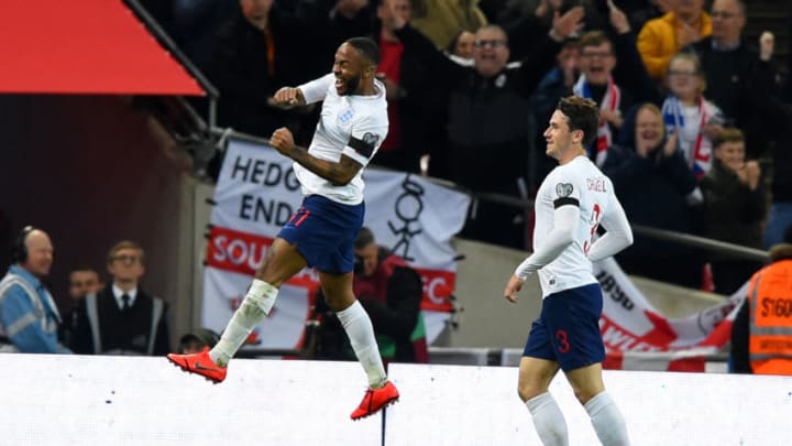 England forward Raheem Sterling celebrates his hatrick during the UEFA European Championship Group A Qualifying match between England and Czech Republic at Wembley Stadium, London on Saturday 23rd March 2019. (Photo by Jon Bromley/MI News/NurPhoto via Getty Images)