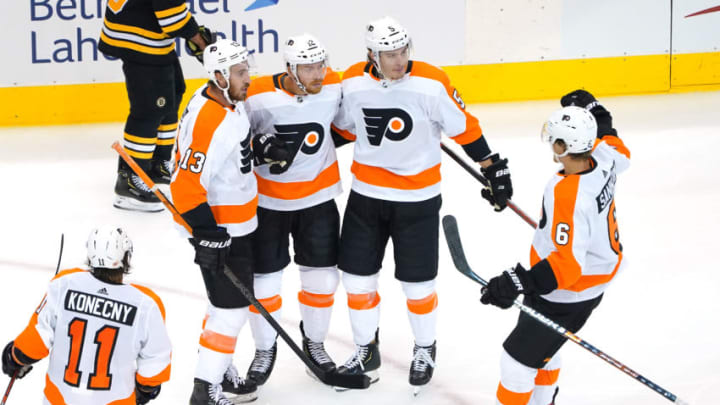 Michael Raffl, Kevin Hayes, Philippe Myers, Travis Sanheim and Travis Konecny, Philadelphia Flyers (Photo by Andre Ringuette/Freestyle Photo/Getty Images)