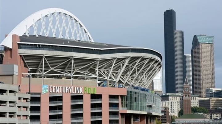 Sep 22, 2013; Seattle, WA, USA; General view of the CenturyLink Field exterior and the downtown Seattle skyline before the NFL game between the Jacksonville Jaguars and the Seattle Seahawks. Mandatory Credit: Kirby Lee-USA TODAY Sports