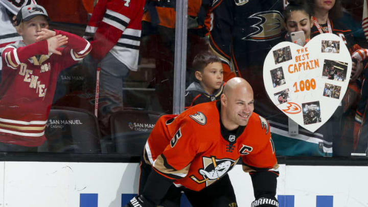 ANAHEIM, CA - NOVEMBER 3: Ryan Getzlaf #15 of the Anaheim Ducks smiles while warming up before his 1,000th NHL career game against the Chicago Blackhawks at Honda Center on November 3, 2019 in Anaheim, California. Getzlaf has played all 1,000 games for the Anaheim Ducks franchise. (Photo by Debora Robinson/NHLI via Getty Images)