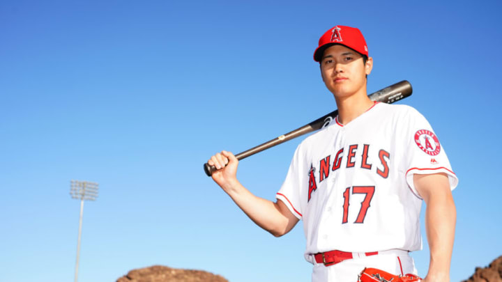 TENPE, ARIZONA, FEBRUARY 22: Shohei Ohtani of Los Angeles Angels poses for photographs during a training session on February 22, 2018 in Tempe, Arizona. (Photo by Masterpress/Getty Images)