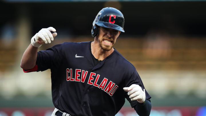 MINNEAPOLIS, MN – AUGUST 16: Bradley Zimmer #4 of the Cleveland Indians celebrates as he rounds the bases after hitting a two-run home run against the Minnesota Twins in the second inning at Target Field on August 16, 2021 in Minneapolis, Minnesota. (Photo by David Berding/Getty Images)