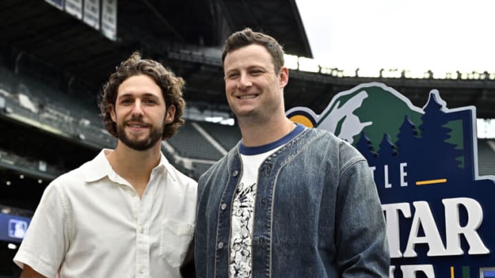 SEATTLE, WASHINGTON - JULY 10: All-Star Game starting pitchers Zac Gallen #23 of the Arizona Diamondbacks (L) and Gerrit Cole #45 of the New York Yankees (R) pose for a photo prior to Gatorade All-Star Workout Day at T-Mobile Park on July 10, 2023 in Seattle, Washington. (Photo by Alika Jenner/Getty Images)