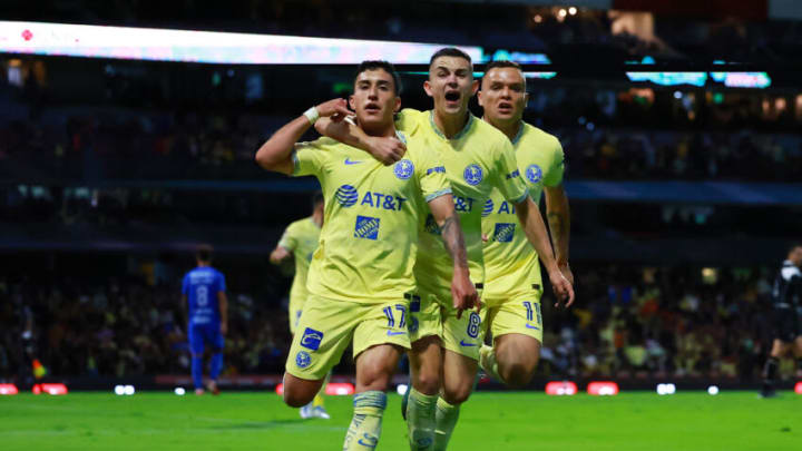 Alejandro Zendejas, Álvaro Fidalgo and Jonathan Rodríguez celebrate Zendejas' goal just before halftime that gave América a 2-1 lead. (Photo by Hector Vivas/Getty Images)