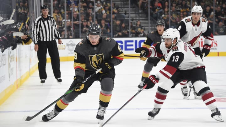 LAS VEGAS, NEVADA – SEPTEMBER 15: Cody Glass #9 of the Vegas Golden Knights skates during the first period against the Arizona Coyotes at T-Mobile Arena on September 15, 2019 in Las Vegas, Nevada. (Photo by David Becker/NHLI via Getty Images)