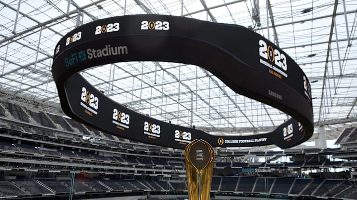 Apr 19, 2022; Inglewood, CA, USA; The College Football Playoff National Championship trophy on display during a 2023 CFP National Championship Kickoff press conference at SoFi Stadium. Mandatory Credit: Kirby Lee-USA TODAY Sports