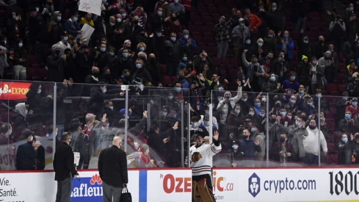 Dec 9, 2021; Montreal, Quebec, CAN; Fans acknowledge the 500th win for Marc-Andre Fleury. Mandatory Credit: Eric Bolte-USA TODAY Sports