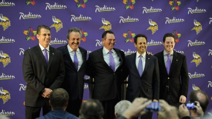 EDEN PRAIRIE, MN - JANUARY 17: (L-R) Rick Spielman, Zygi Wilf, Mike Zimmer, Mark Wilf and Jonathan Wilf of the Minnesota Vikings pose for photos as they introduce Zimmer as the new head coach on January 17, 2013 at Winter Park in Eden Prairie, Minnesota. (Photo by Hannah Foslien/Getty Images)