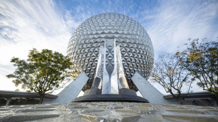 A reimagined fountain at the main entrance of EPCOT shines in front of Spaceship Earth at Walt Disney World Resort in Lake Buena Vista, Fla., Dec. 22, 2020. The fountain hearkens back to the origins of EPCOT and is the next milestone in the park’s ongoing historic transformation. (Matt Stroshane, photographer)