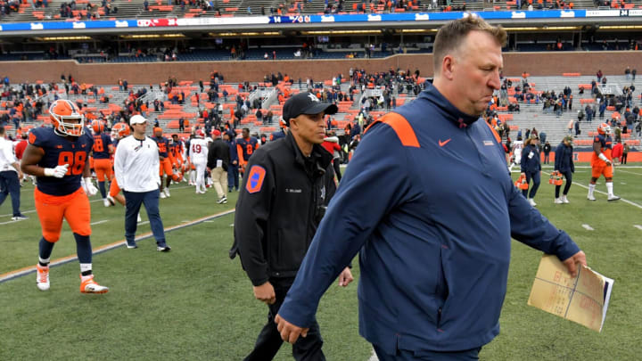Oct 30, 2021; Champaign, Illinois, USA; Illinois Fighting Illini head coach Bret Bielema at the game against the Rutgers Scarlet Knights at Memorial Stadium. Mandatory Credit: Ron Johnson-USA TODAY Sports