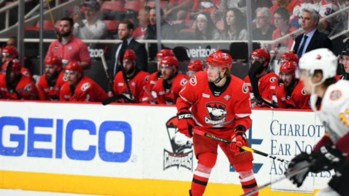 CHARLOTTE, NC – JUNE 02: Charlotte Checkers left wing Aleksi Saarela (7) looks for the pass during game two of the AHL Calder Cup Finals between the Charlotte Checkers and the Chicago Wolves on June 02, 2019 at Bojangles Coliseum in Charlotte,NC. (Photo by Dannie Walls/Icon Sportswire via Getty Images)