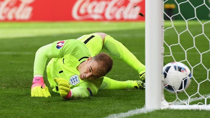 LENS, FRANCE - JUNE 16: Joe Hart of England watches the ball as Gareth Bale of Wales scores his team's first goal during the UEFA EURO 2016 Group B match between England and Wales at Stade Bollaert-Delelis on June 16, 2016 in Lens, France. (Photo by Matthias Hangst/Getty Images)