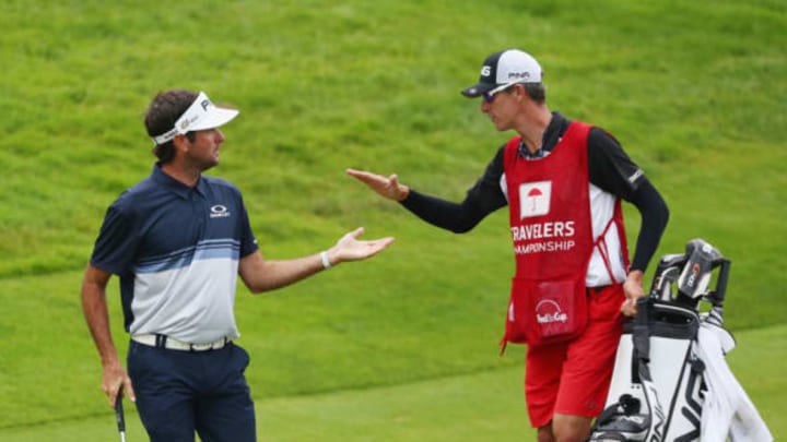 CROMWELL, CT – JUNE 24: Bubba Watson of the United States celebrates with caddie Ted Scott on the 18th hole during the final round of the Travelers Championship at TPC River Highlands on June 24, 2018 in Cromwell, Connecticut. (Photo by Tim Bradbury/Getty Images)