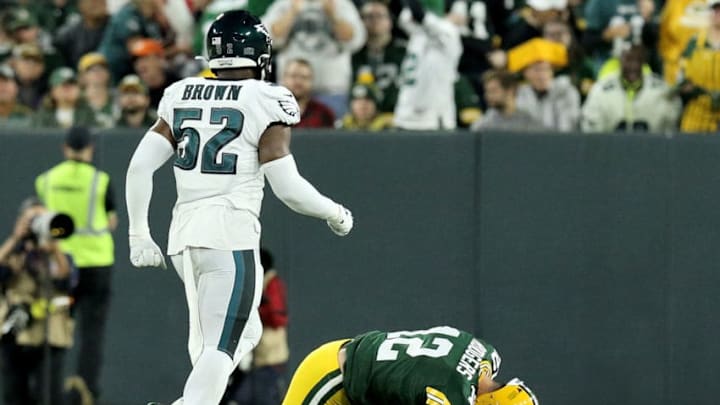 GREEN BAY, WISCONSIN - SEPTEMBER 26: Aaron Rodgers #12 of the Green Bay Packers reacts after fumbling the ball in the second quarter against the Philadelphia Eagles at Lambeau Field on September 26, 2019 in Green Bay, Wisconsin. (Photo by Dylan Buell/Getty Images)