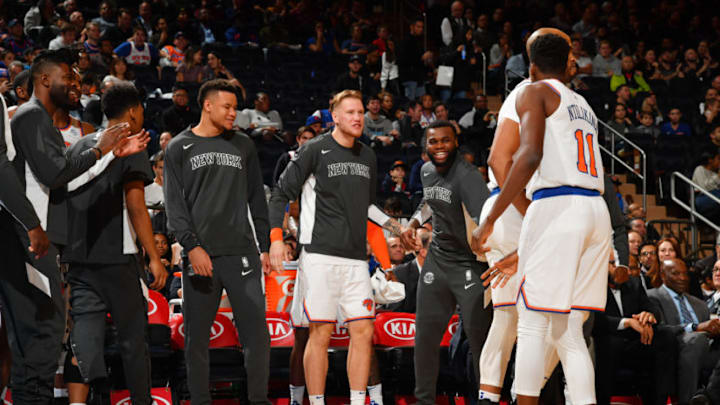NEW YORK, NY - OCTOBER 11: The New York Knicks react during a pre-season game against the Washington Wizards on October 11, 2019 at Madison Square Garden in New York City, New York. NOTE TO USER: User expressly acknowledges and agrees that, by downloading and or using this photograph, User is consenting to the terms and conditions of the Getty Images License Agreement. Mandatory Copyright Notice: Copyright 2019 NBAE (Photo by Jesse D. Garrabrant/NBAE via Getty Images)