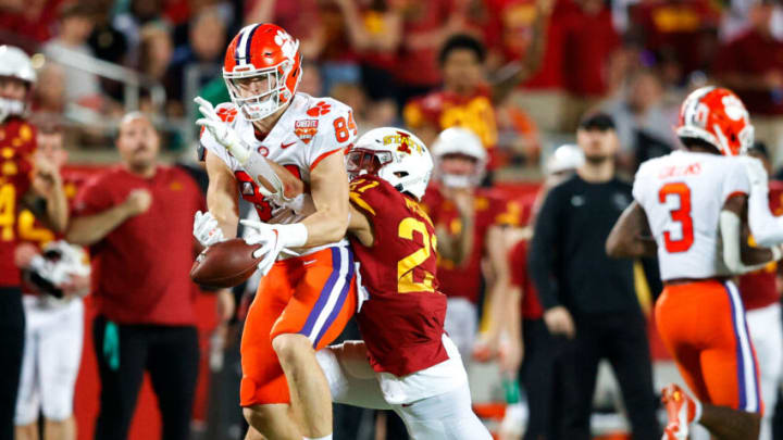 Dec 29, 2021; Orlando, Florida, USA; DUPLICATE***Iowa State Cyclones defensive back Craig McDonald (27) breaks up a pass intended for Clemson Tigers tight end Davis Allen (84) in the second half at Camping World Stadium. Mandatory Credit: Nathan Ray Seebeck-USA TODAY Sports