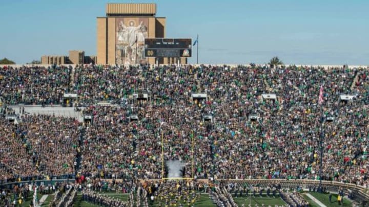 Oct 11, 2014; South Bend, IN, USA; The Notre Dame Fighting Irish take the field against the North Carolina Tar Heels at Notre Dame Stadium. Mandatory Credit: Matt Cashore-USA TODAY Sports