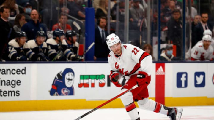 COLUMBUS, OH – OCTOBER 23: Brett Pesce #22 of the Carolina Hurricanes skates after the puck during the game against the Columbus Blue Jackets at Nationwide Arena on October 23, 2021, in Columbus, Ohio. (Photo by Kirk Irwin/Getty Images)