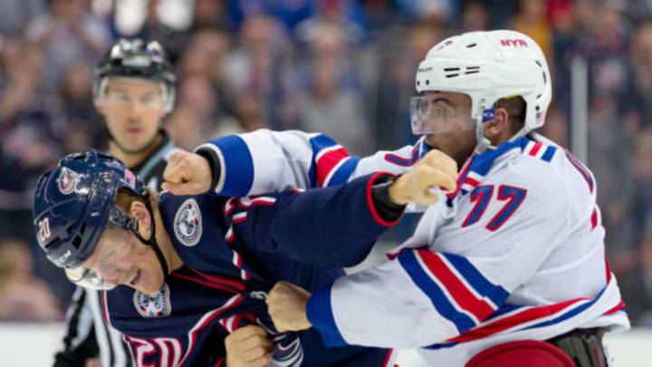 COLUMBUS, OH – NOVEMBER 10: Columbus Blue Jackets center Riley Nash (20) and New York Rangers defenseman Tony DeAngelo (77) fight in a game between the Columbus Blue Jackets and the New York Rangers on November 10, 2018 at Nationwide Arena in Columbus, OH.(Photo by Adam Lacy/Icon Sportswire via Getty Images)
