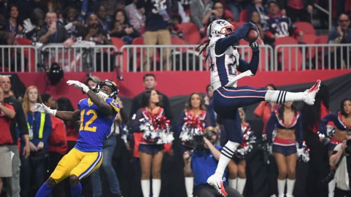 ATLANTA, GA - FEBRUARY 03: Stephon Gilmore #24 of the New England Patriots makes an interception in the fourth quarter during Super Bowl LIII against the Los Angeles Rams at Mercedes-Benz Stadium on February 3, 2019 in Atlanta, Georgia. (Photo by Harry How/Getty Images)