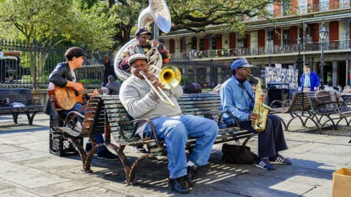 Musicians in New Orleans' Jackson Square treat passersby to Dixieland jazz.Nojacksonsquare2