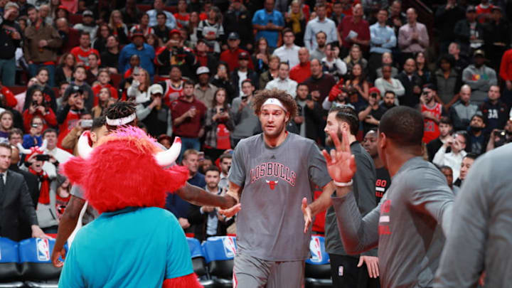 CHICAGO, IL - MARCH 30: Robin Lopez #8 of the Chicago Bulls enters the court before the game against the Cleveland Cavaliers on March 30, 2017 at the United Center in Chicago, Illinois. NOTE TO USER: User expressly acknowledges and agrees that, by downloading and/or using this photograph, user is consenting to the terms and conditions of the Getty Images License Agreement. Mandatory Copyright Notice: Copyright 2017 NBAE (Photo by Jeff Haynes/NBAE via Getty Images)