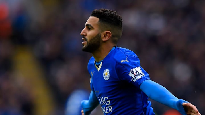 LEICESTER, ENGLAND - APRIL 24: Riyad Mahrez of Leicester City celebrates as he scores their first goal during the Barclays Premier League match between Leicester City and Swansea City at The King Power Stadium on April 24, 2016 in Leicester, United Kingdom. (Photo by Mike Hewitt/Getty Images)
