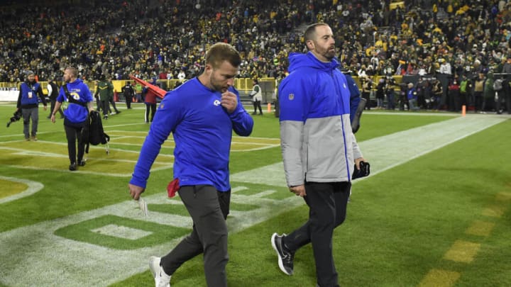 Head coach Sean McVay of the Los Angeles Rams walks off the field following the game against the Green Bay Packers at Lambeau Field on November 28, 2021 in Green Bay, Wisconsin. (Photo by Patrick McDermott/Getty Images)