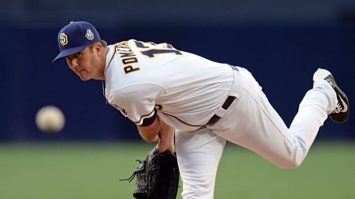 Jul 2, 2016; San Diego, CA, USA; San Diego Padres starting pitcher Drew Pomeranz (13) pitches against the New York Yankees during the first inning at Petco Park. Mandatory Credit: Jake Roth-USA TODAY Sports