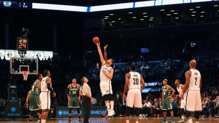 Nov 2, 2015; Brooklyn, NY, USA; General view of the opening tip-off between the Brooklyn Nets and the Milwaukee Bucks during the first quarter at Barclays Center. Mandatory Credit: Brad Penner-USA TODAY Sports
