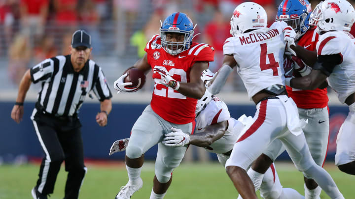 OXFORD, MISSISSIPPI – SEPTEMBER 07: Scottie Phillips #22 of the Mississippi Rebels runs with the ball. (Photo by Jonathan Bachman/Getty Images)