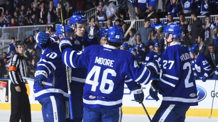 TORONTO, ON - MAY 15: The Toronto Marlies celebrate a 3rd period goal against the Syracuse Crunch during game 6 action in the Division Final of the Calder Cup Playoffs on May 15, 2017 at Ricoh Coliseum in Toronto, Ontario, Canada. Marlies beat the Crunch 2-1 to tie the series 3-3. (Photo by Graig Abel/Getty Images)