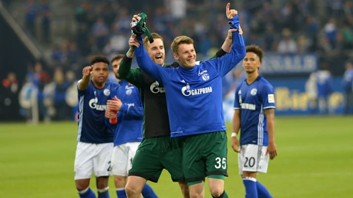 GELSENKIRCHEN, GERMANY - APRIL 28: Goalkeeper Ralf Faehrmann of Schalke and Goalkeeper Alexander Nuebel of Schalke laugh after the Bundesliga match between FC Schalke 04 and Borussia Moenchengladbach at Veltins-Arena on April 28, 2018 in Gelsenkirchen, Germany. (Photo by TF-Images/Getty Images)