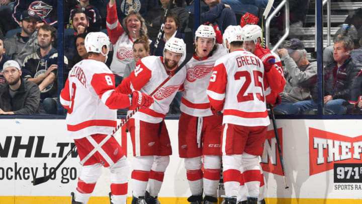 COLUMBUS, OH - OCTOBER 30: Tyler Bertuzzi #59 of the Detroit Red Wings is congratulated by his teammates after scoring the game winning goal during the third period of the game against the Columbus Blue Jackets on October 30, 2018 at Nationwide Arena in Columbus, Ohio. (Photo by Jamie Sabau/NHLI via Getty Images)