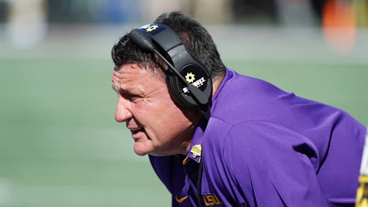 ORLANDO, FL - DECEMBER 31: Head coach Ed Orgeron of the LSU Tigers looks on against the Louisville Cardinals during the Buffalo Wild Wings Citrus Bowl at Camping World Stadium on December 31, 2016 in Orlando, Florida. LSU defeated Louisville 29-9. (Photo by Joe Robbins/Getty Images) ORLANDO, FL - DECEMBER 31: Head coach Ed Orgeron of the LSU Tigers looks on against the Louisville Cardinals during the Buffalo Wild Wings Citrus Bowl at Camping World Stadium on December 31, 2016 in Orlando, Florida. LSU defeated Louisville 29-9. (Photo by Joe Robbins/Getty Images)
